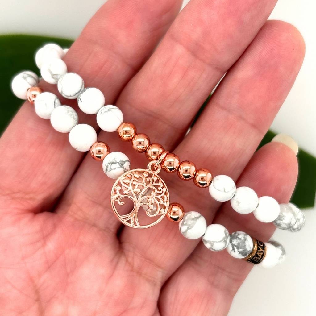 White Howlite duo bracelet set with rose gold charm