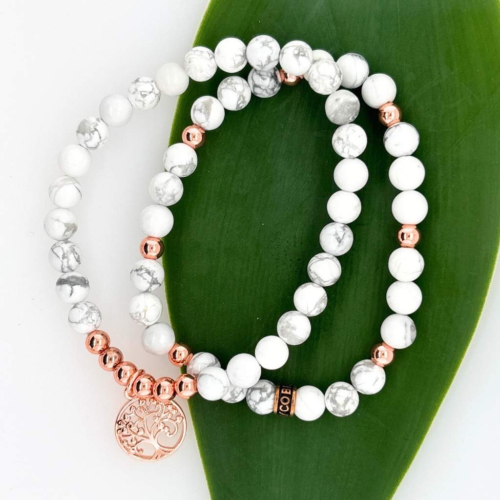 White Howlite duo bracelet set with rose gold charm