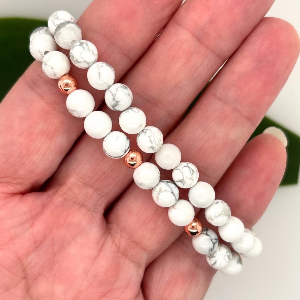 White Howlite duo bracelet set with rose gold charm