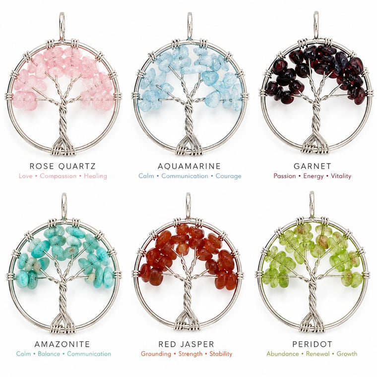 Handcrafted wire wrapped Tree of Life pendant with genuine natural crystal chips