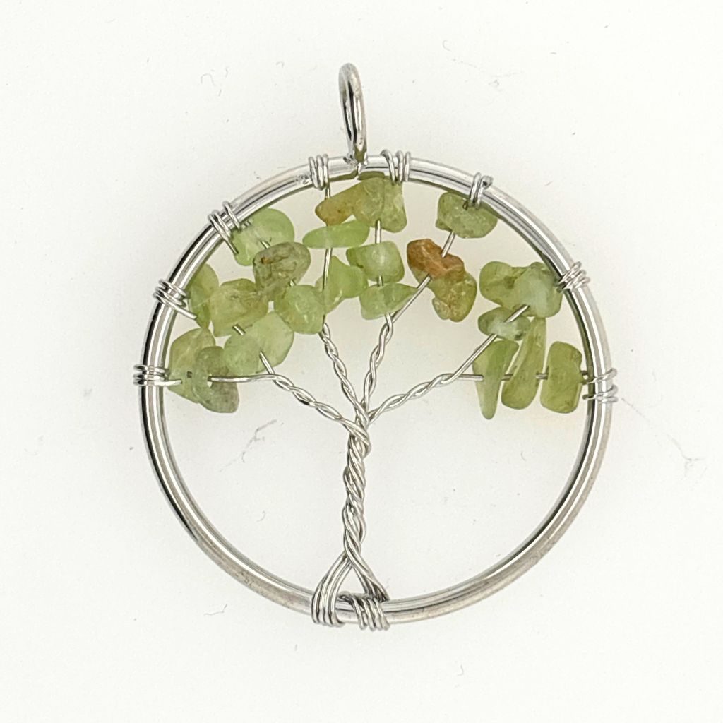 Handcrafted wire wrapped Tree of Life pendant with genuine natural crystal chips