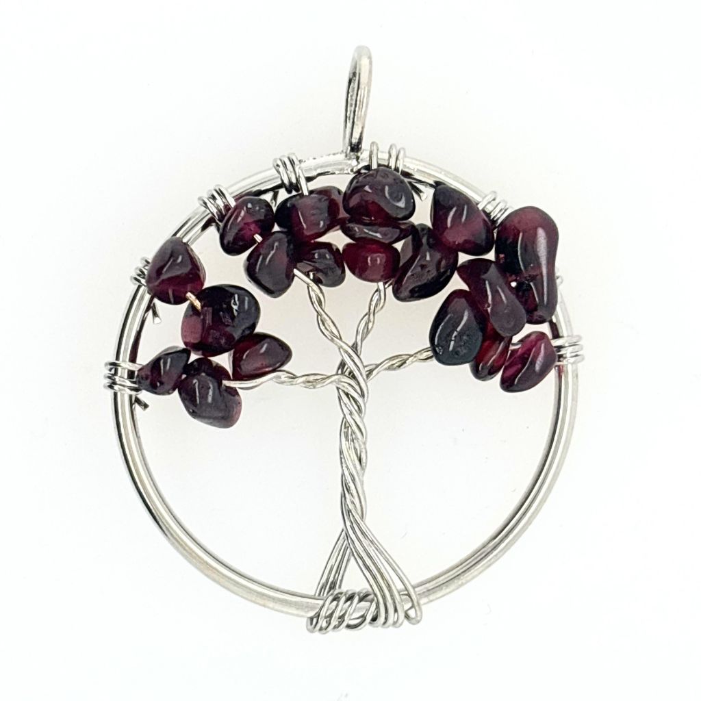 Handcrafted wire wrapped Tree of Life pendant with genuine natural crystal chips