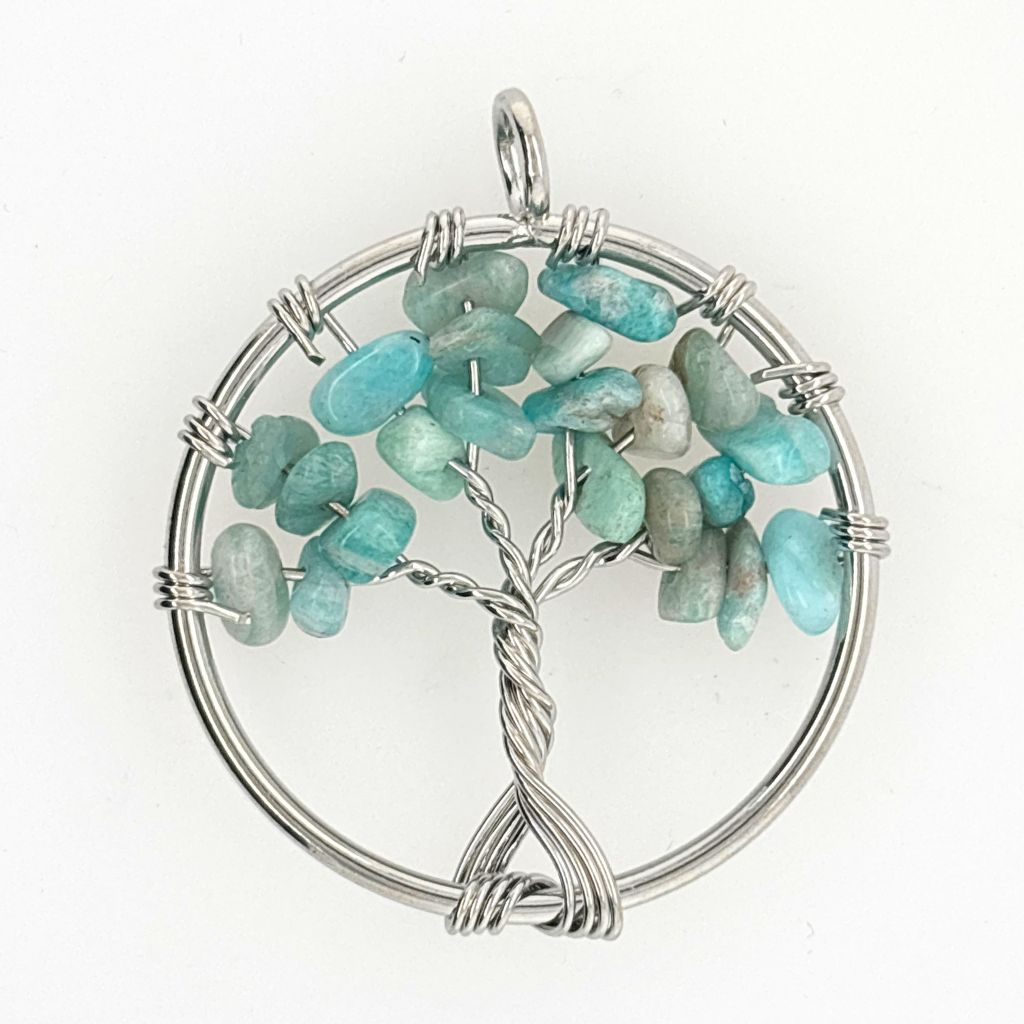 Handcrafted wire wrapped Tree of Life pendant with genuine natural crystal chips
