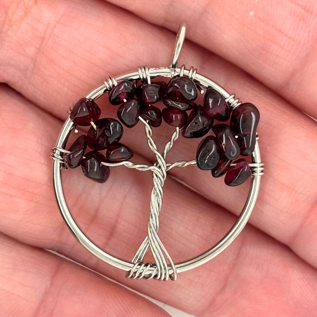 Handcrafted wire wrapped Tree of Life pendant with genuine natural crystal chips