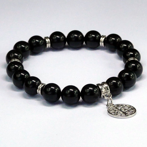 Black Obsidian Bracelet Tree of Life Charm 10mm