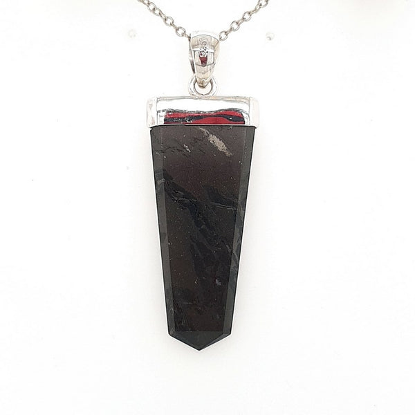 Black Tourmaline Flat Crystal Pendant Beautifully Set in Sterling Silver