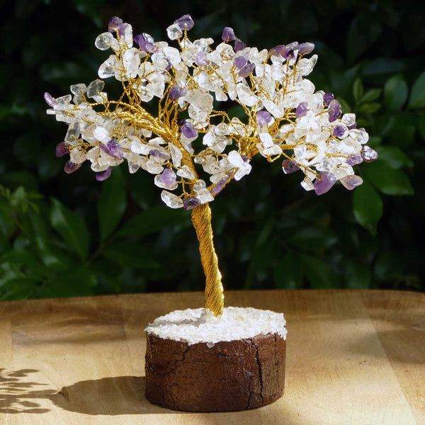 Crystal Gem Tree on Wooden Base - Amethyst & Quartz