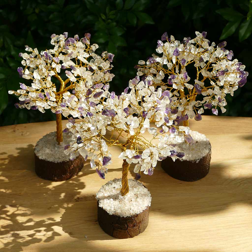 Crystal Gem Tree on Wooden Base - Amethyst & Quartz