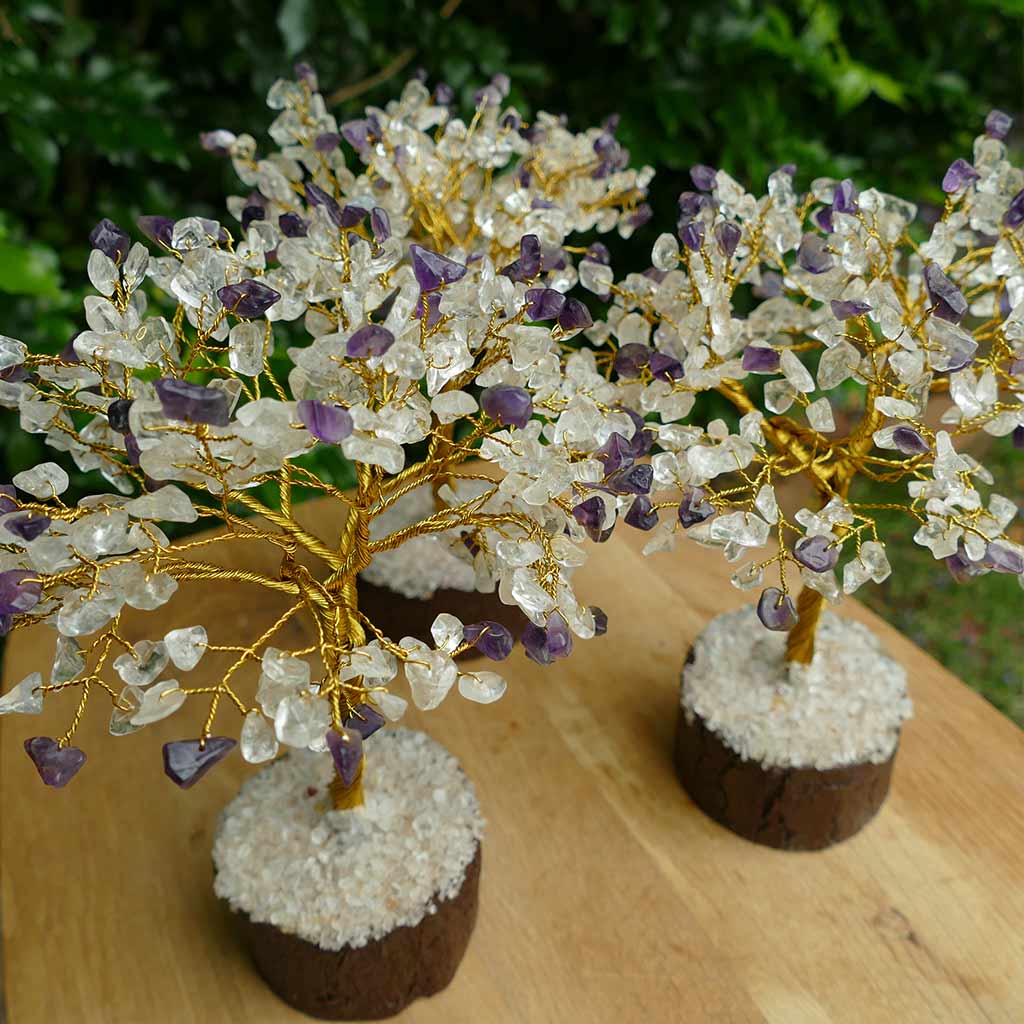 Crystal Gem Tree on Wooden Base - Amethyst & Quartz