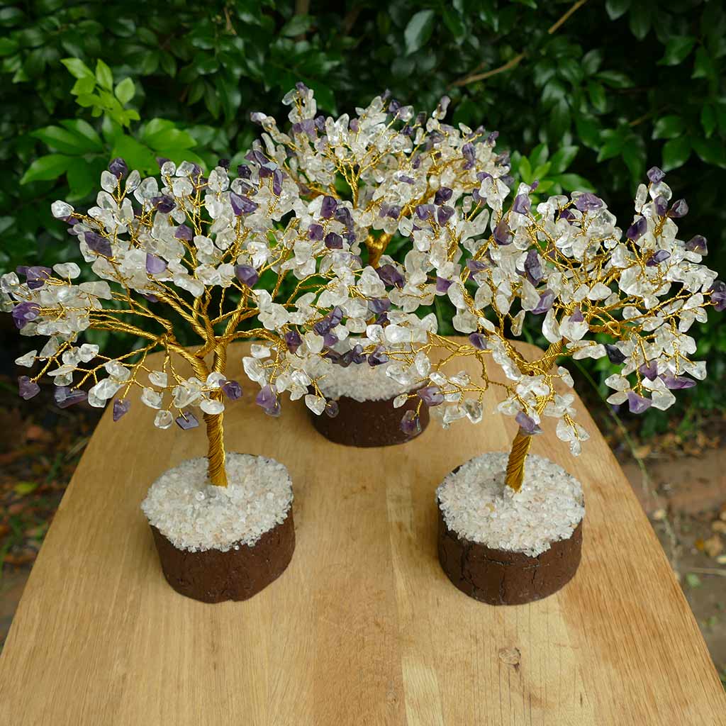 Crystal Gem Tree on Wooden Base - Amethyst & Quartz