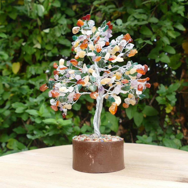 mixed crystal gem tree on wood base