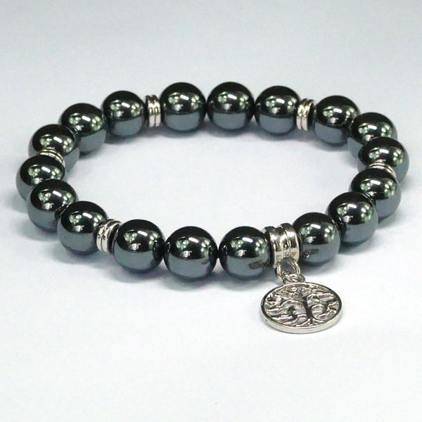 10mm Hematite Bracelet with Tree of Life Charm Unisex Positive Energy & Balance