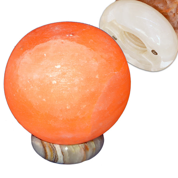 Carved Sphere Himalayan Salt Lamps with Onyx Bases