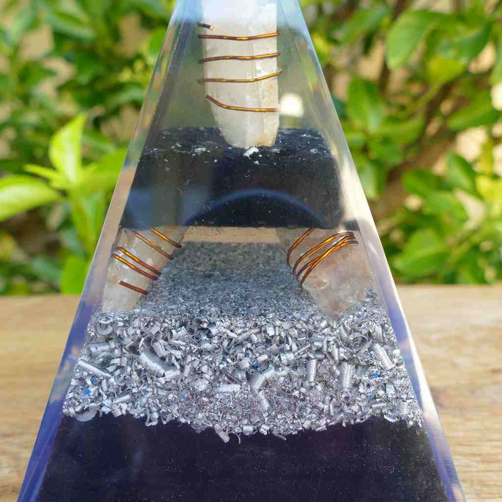 Large Orgonite Pyramid with Black Tourmaline and 5 Quartz Points, Copper and Metal Shavings