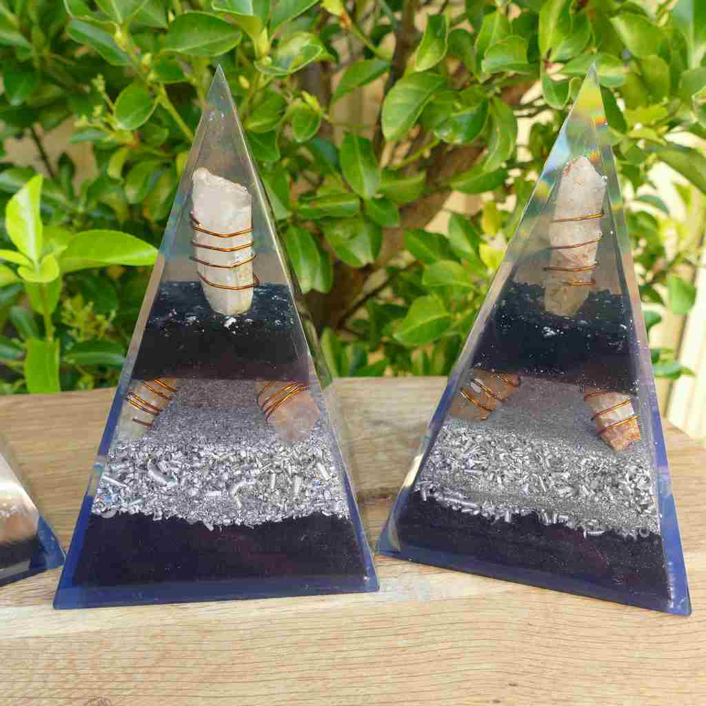 Large Orgonite Pyramid with Black Tourmaline and 5 Quartz Points, Copper and Metal Shavings