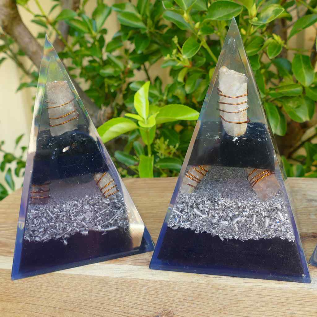 Large Orgonite Pyramid with Black Tourmaline and 5 Quartz Points, Copper and Metal Shavings