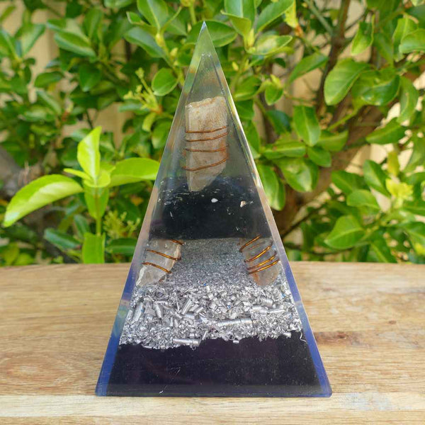 Large Orgonite Pyramid with Black Tourmaline and 5 Quartz Points, Copper and Metal Shavings