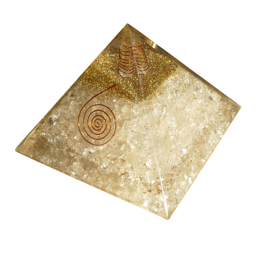 large orgonite pyramid with clear quartz crystals