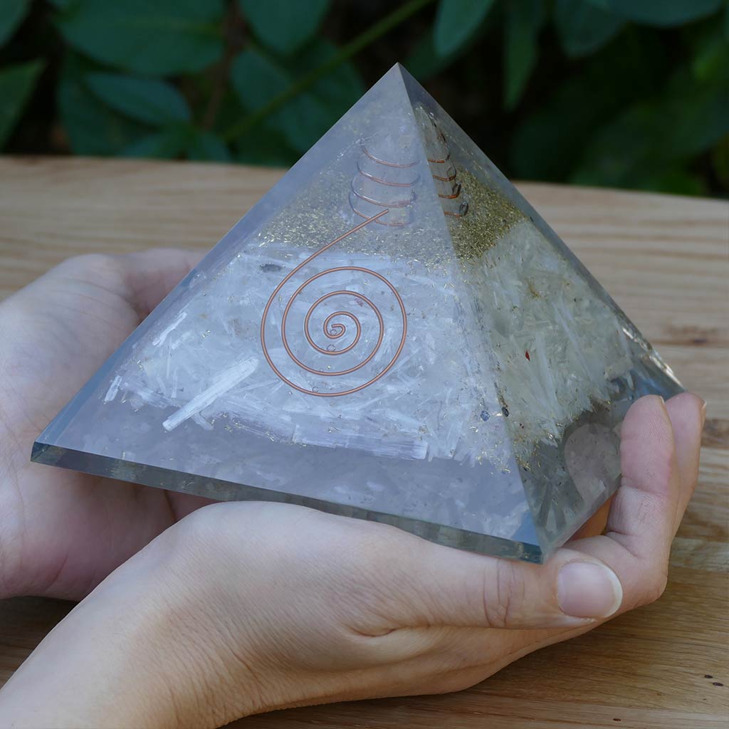 large orgonite pyramid selenite