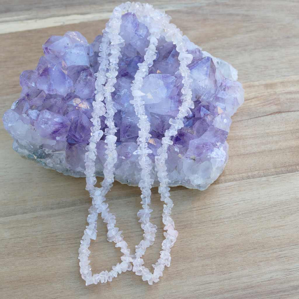Rose Quartz Chip Necklaces 36 Inches with Earthy Loving Vibe