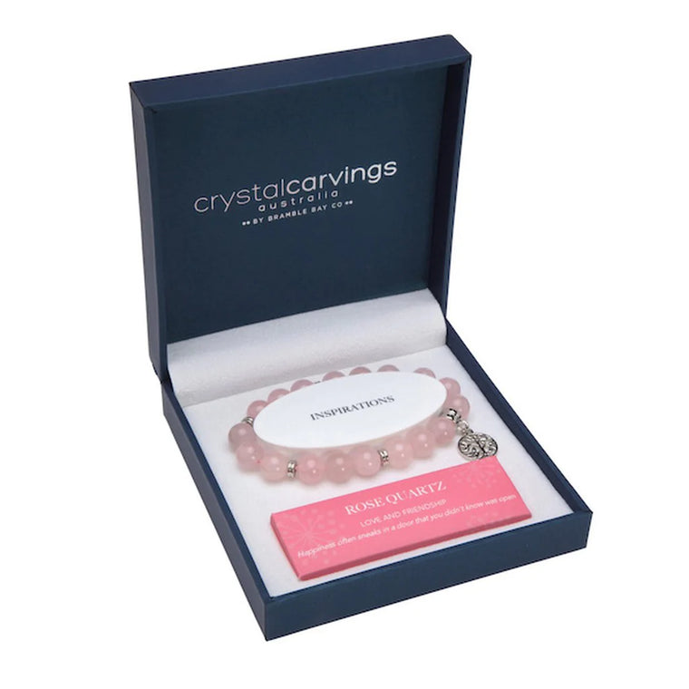 rose quartz bead bracelet with tree of life charm