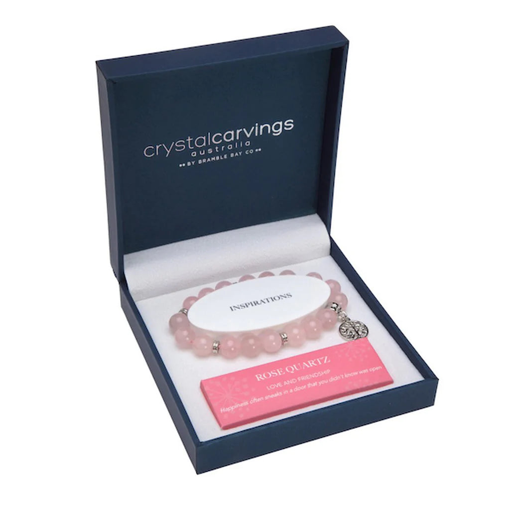 rose quartz bead bracelet with tree of life charm