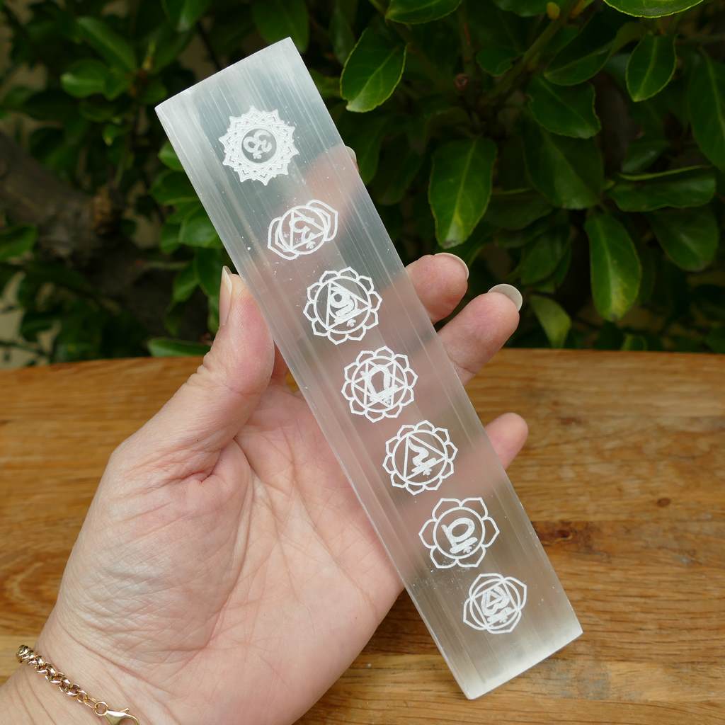 Selenite Ruler Engraved with Chakra Symbols