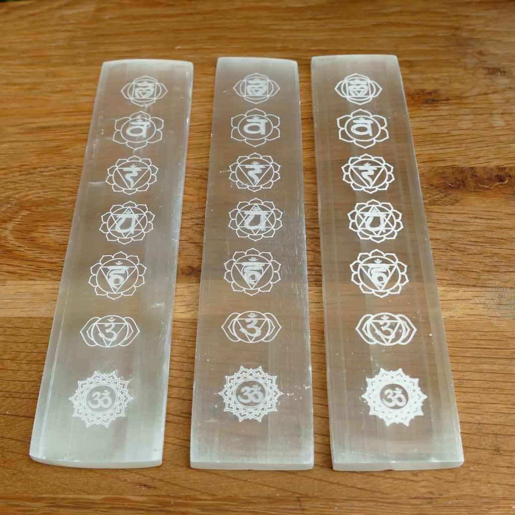 Selenite Ruler Engraved with Chakra Symbols